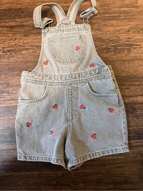 Denim&Co Gray Denim Short Overalls with Red Ladybug Accents